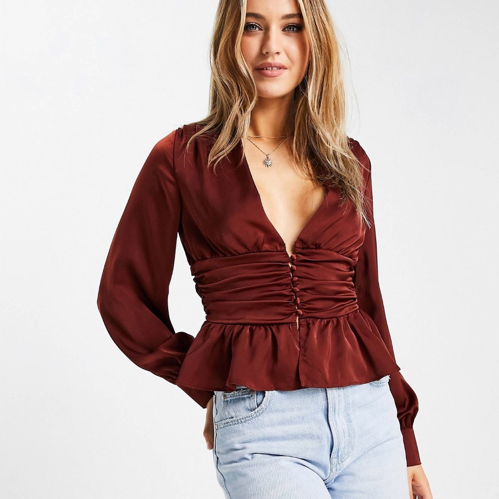ASOS exclusive Fall plunge front button detail top with peplum rust color size 4